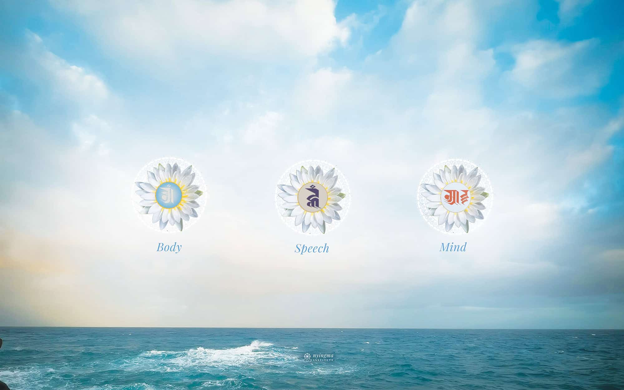 Three lotus mantra symbols representing Body, Speech, and Mind, floating above a calm ocean beneath a bright sky.