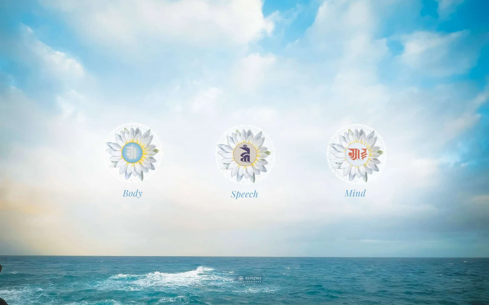 Three lotus mantra symbols representing Body, Speech, and Mind, floating above a calm ocean beneath a bright sky.